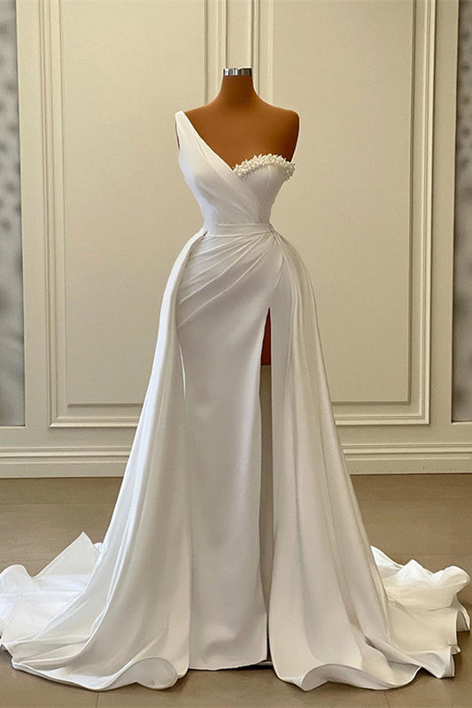 Elegant One Shoulder Satin Mermaid Wedding Dress with Slit Overskirt and Pearls
