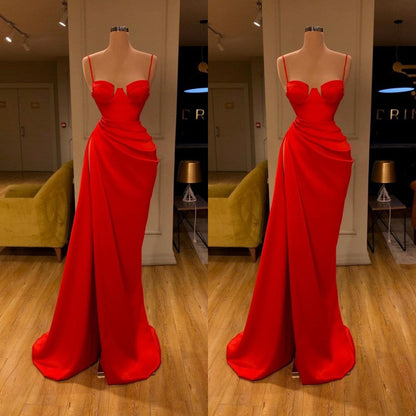 Elegant Red Spaghetti Strap Sheath Side Slit Prom Dress