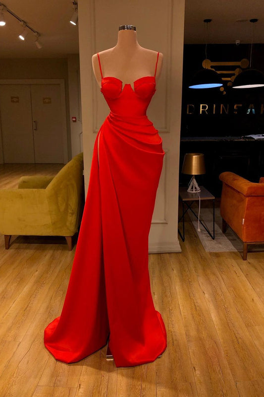 Elegant Red Spaghetti Strap Sheath Side Slit Prom Dress