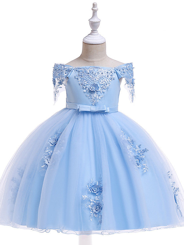 Elegant Short Sleeve Off Shoulder Above Knee Flower Girl Dress with Satin Tulle Lace Beadings and Appliques