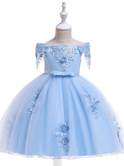 Elegant Short Sleeve Off Shoulder Above Knee Flower Girl Dress with Satin Tulle Lace Beadings and Appliques