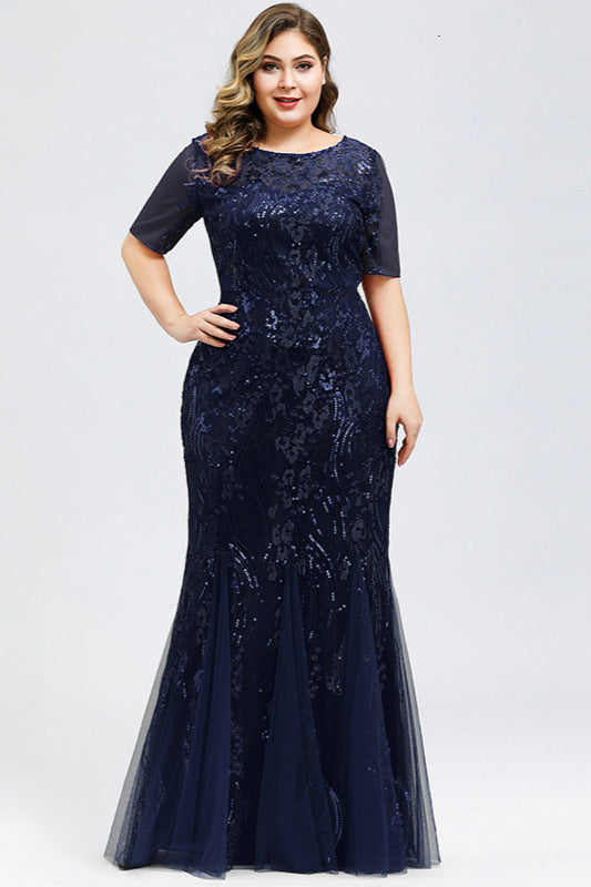 Elegant Short Sleeve Sequins Mermaid Plus Size Evening Prom Dress