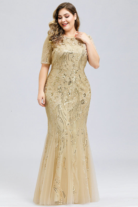 Elegant Short Sleeve Sequins Mermaid Plus Size Evening Prom Dress