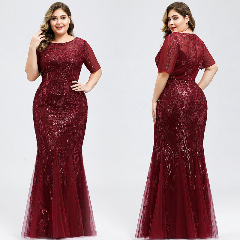 Elegant Short Sleeve Sequins Mermaid Plus Size Evening Prom Dress