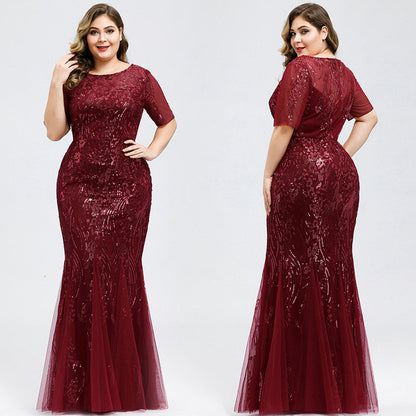 Elegant Short Sleeve Sequins Mermaid Plus Size Evening Prom Dress