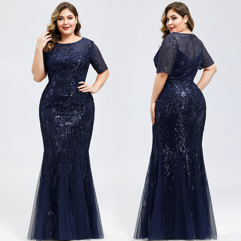 Elegant Short Sleeve Sequins Mermaid Plus Size Evening Prom Dress