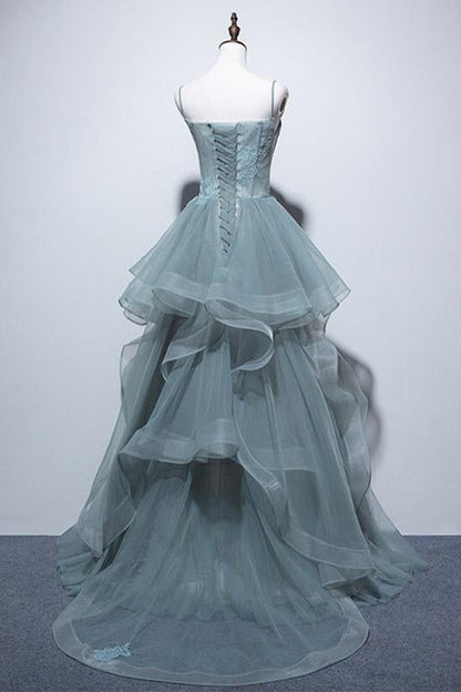Elegant Spaghetti-Straps Long Evening Dress with Tulle Layered Appliques