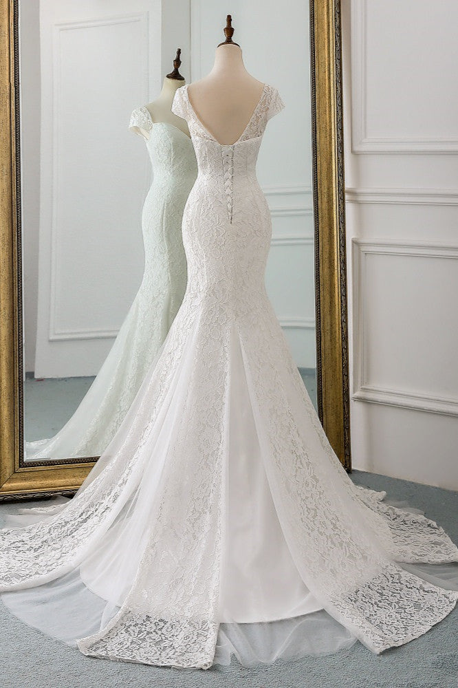 Elegant Sweetheart Lace Long Mermaid Wedding Dress with Cap-Sleeves