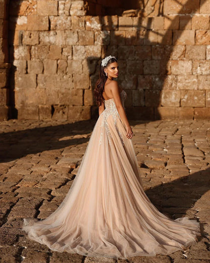 Champagne Wedding Dress Sweetheart A Line Beaded Tulle Bridal Gown With Appliques And Slit Off Shoulder