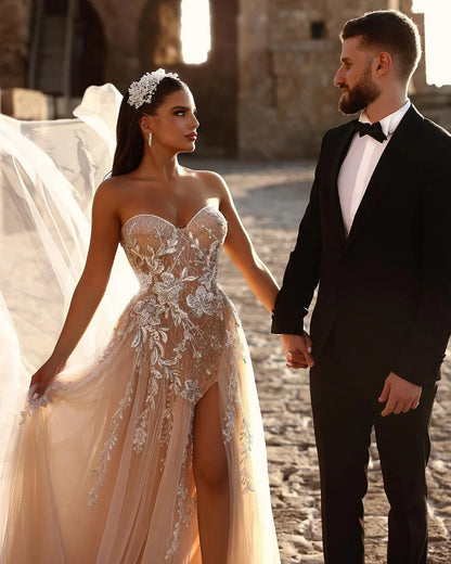 Champagne Wedding Dress Sweetheart A Line Beaded Tulle Bridal Gown With Appliques And Slit Off Shoulder