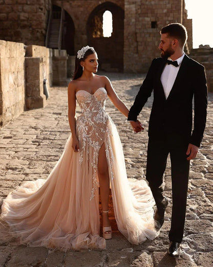 Champagne Wedding Dress Sweetheart A Line Beaded Tulle Bridal Gown With Appliques And Slit Off Shoulder