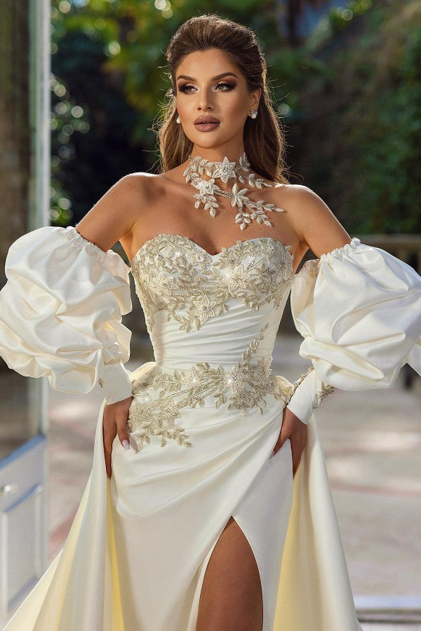 Elegant Sweetheart Mermaid Wedding Dress with Detachable Sleeves and Overskirt Bridal Gown with Slit