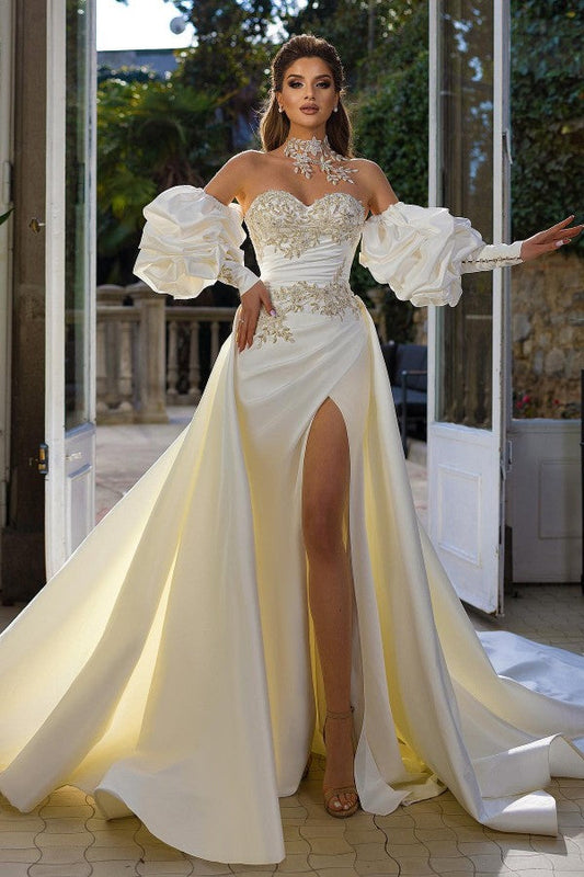 Elegant Sweetheart Mermaid Wedding Dress with Detachable Sleeves and Overskirt Bridal Gown with Slit