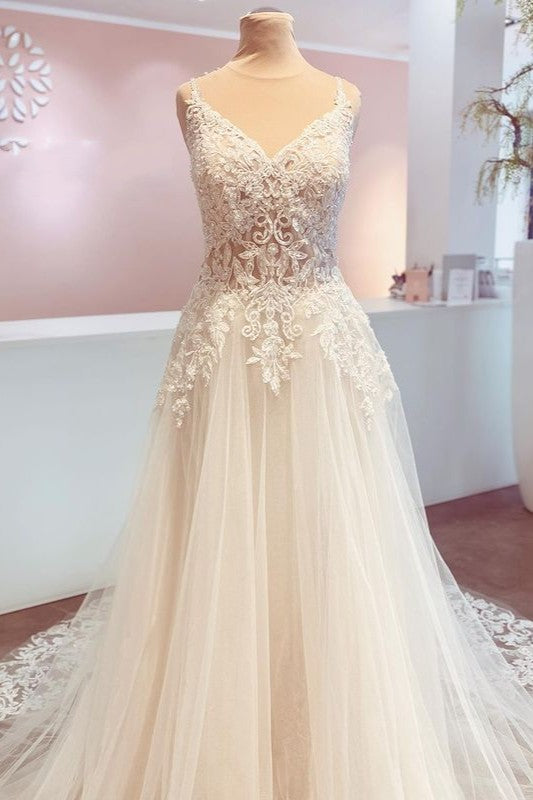 Elegant V-Neck Lace A-Line Wedding Dress