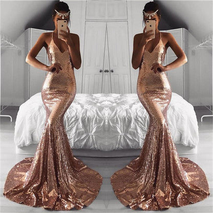 Elegant V-Neck Sequins Sleeveless Evening Dress