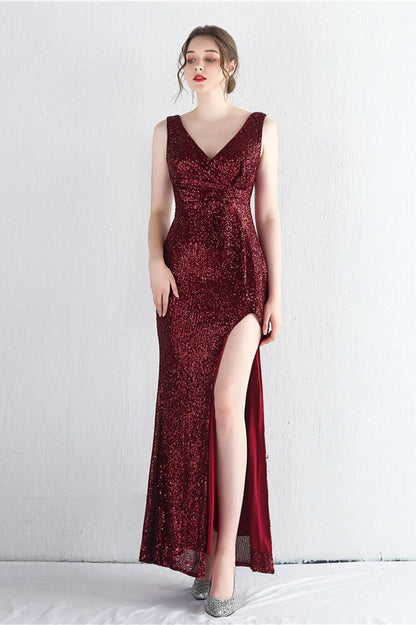 Elegant V-Neck Sleeveless Split Evening Dress With Sequins Online