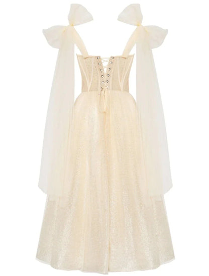 A-Line Prom Dresses Elegant Dress Formal Tea Length Sleeveless Sweetheart Tulle with Pleats Sequin 2025