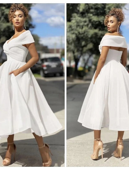 A-Line Prom Dresses Vintage Dress Wedding Guest Summer Tea Length Sleeveless Off Shoulder Organza Backless with Ruched 2025