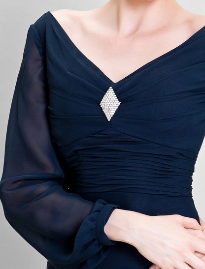 Aimishang Sheath / Column Mother of the Bride Dress Open Back V Neck Floor Length Chiffon Long Sleeve No with Ruched Draping Crystal Brooch