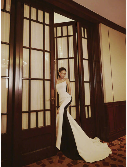 Mermaid / Trumpet Evening Gown Color Block Dress Engagement Court Train Sleeveless Strapless Stretch Satin