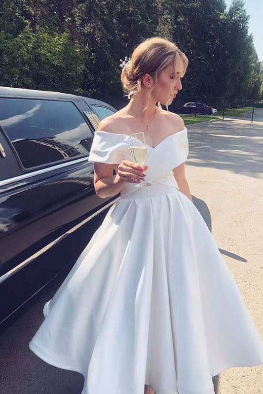 A Line Ankle Length Homecoming Dress, Ivory Off Shoulder Satin Short Wedding Dresses