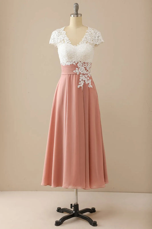 V-neck decal bride mother dress short sleeved
