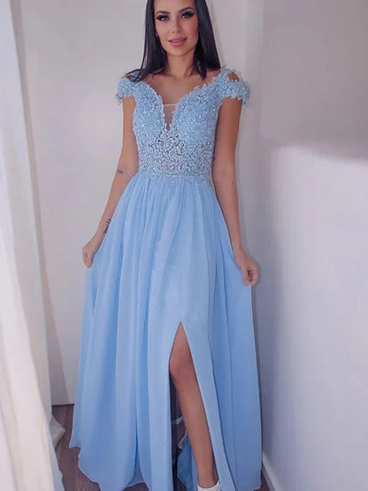 Fabulous Cap Sleeves Sky Blue Long Evening Dress Appliques With Slit