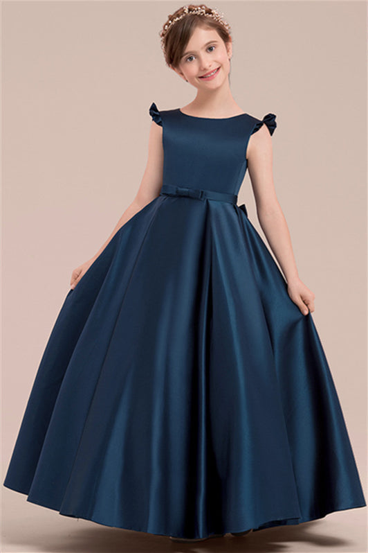 Fabulous Navy Blue Satin Flower Girl Dress With Bowknot