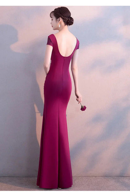 Fabulous Short Sleeves Beads Evening Dress Mermaid V-Neck With Slit