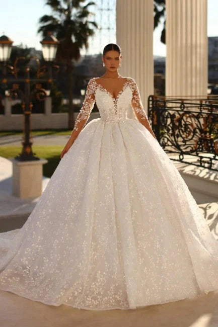 Ivory Ball Gown Wedding Dress Long Sleeves Lace Bridal Dress With Sweep Train Elegant