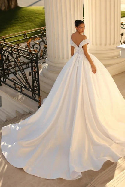 Ivory Wedding Dress Off The Shoulder Ball Gown Sequined Bridal Dress With Sweep Train Sexy