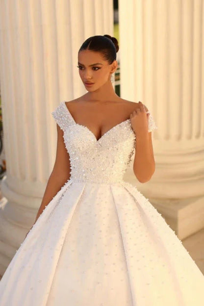 Ivory Wedding Dress Off The Shoulder Ball Gown Sequined Bridal Dress With Sweep Train Sexy