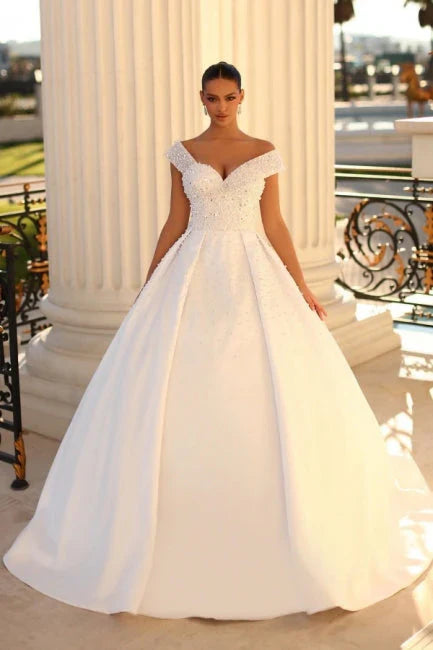 Ivory Wedding Dress Off The Shoulder Ball Gown Sequined Bridal Dress With Sweep Train Sexy