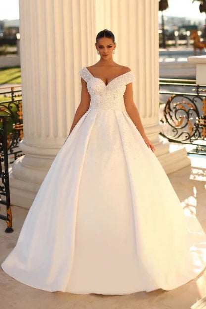 Ivory Wedding Dress Off The Shoulder Ball Gown Sequined Bridal Dress With Sweep Train Sexy