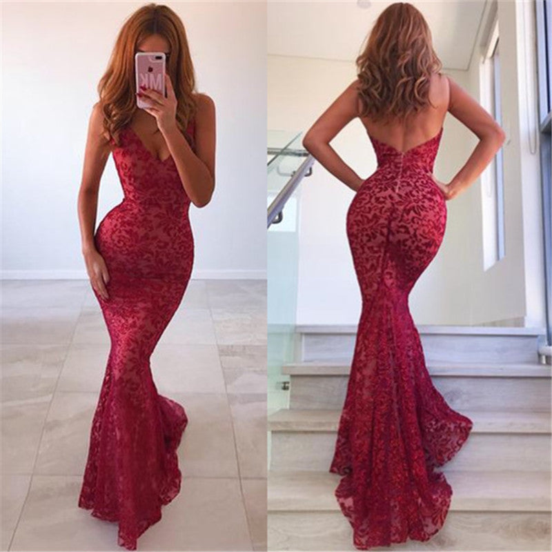 Fashion Burgundy Lace Open Back Spaghetti Strap Prom Dress