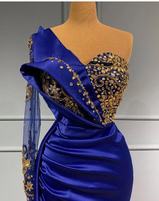 Fashion Royal Blue One-Shoulder Crystal Sheath Prom Dress