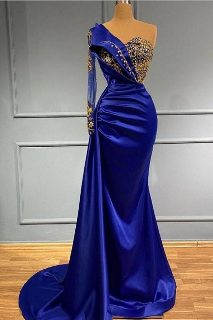 Fashion Royal Blue One-Shoulder Crystal Sheath Prom Dress