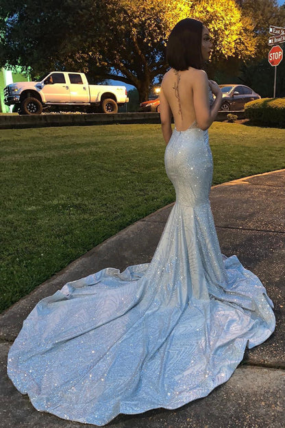 Fashion Silver Sequins High Neck Open Back Prom Dress