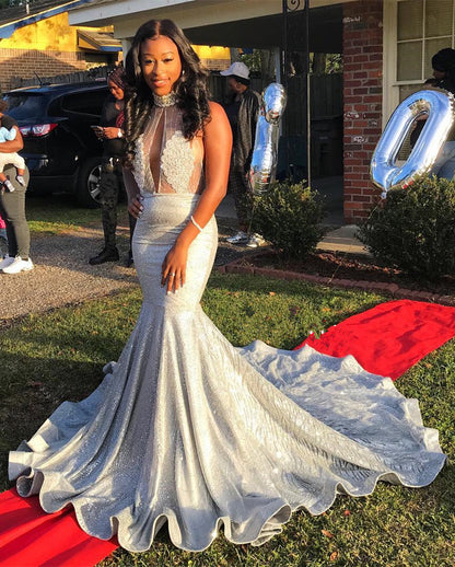 Fashion Silver Sequins High Neck Open Back Prom Dress