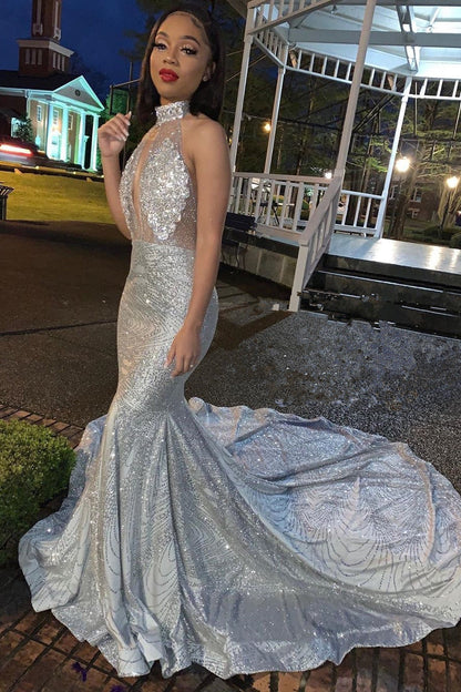 Fashion Silver Sequins High Neck Open Back Prom Dress