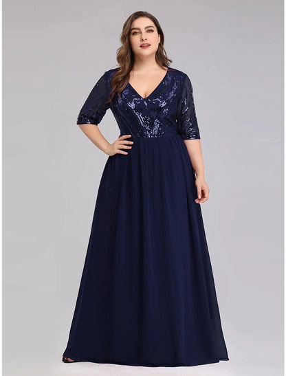 A-Line Prom Dresses Plus Size Dress Wedding Guest Floor Length Half Sleeve Plunging
