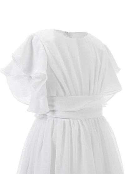 Floor-length Jewel Flower Girl Dresses with Ruffles and Short Sleeves