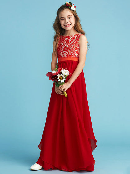 Flower Girl Dress with Chiffon Lace and Sash Ribbon Appliques - Sheath Column Jewel Neck Floor Length