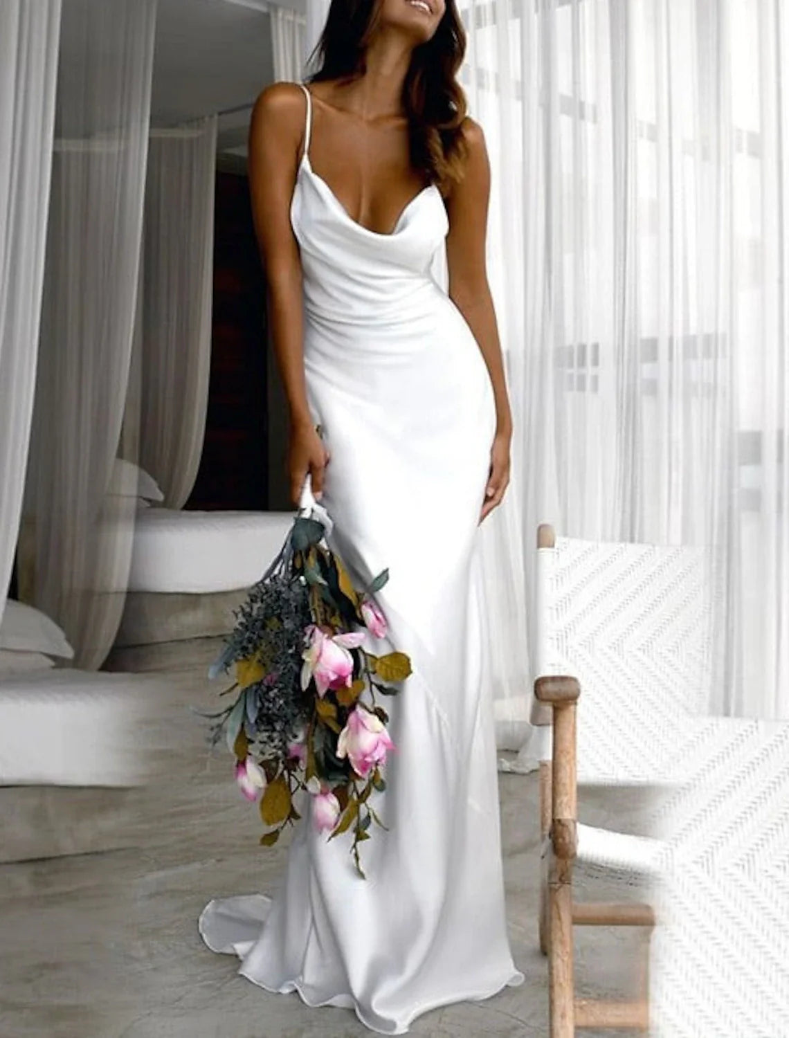 Aimishang Beach Simple Wedding Dresses Sheath / Column Square Neck Camisole Spaghetti Strap Sweep / Brush Train Stretch Fabric Bridal Gowns With Ruched Solid Color
