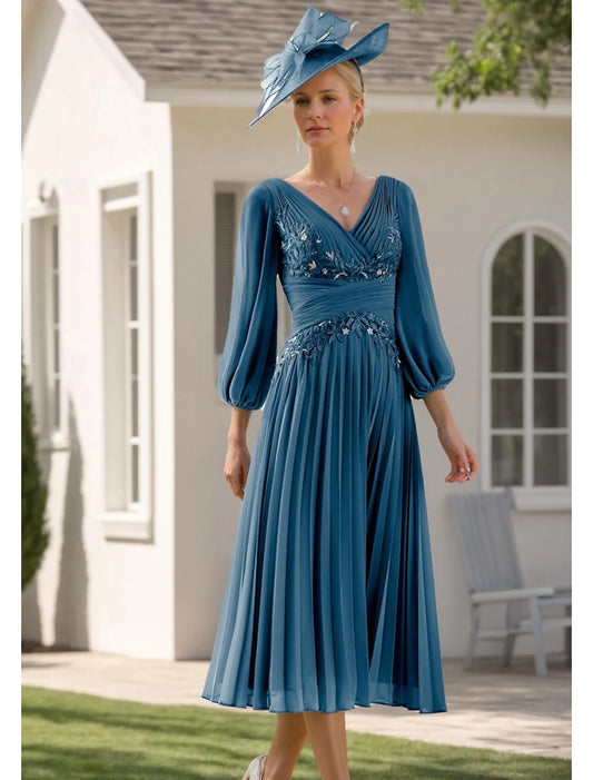 Aimishang A-Line Formal Mother of the Bride Dress V Neck Tea Length Chiffon 3/4 Length Sleeve with Lace