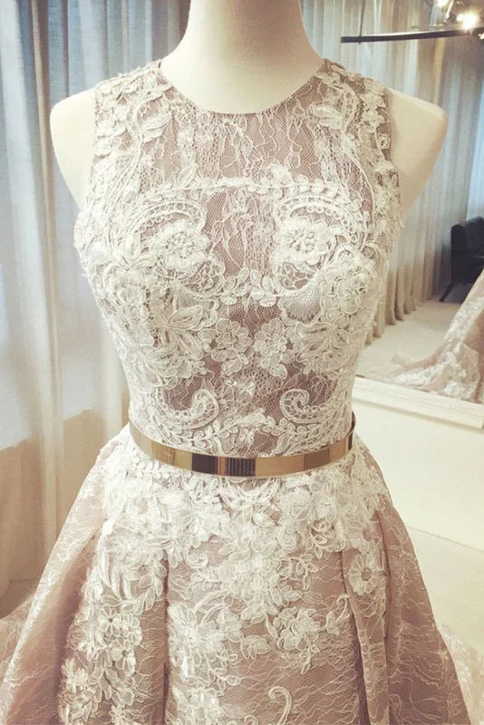 A line Round Neck Sleeveless Ruched Lace Long Prom Wedding Dress with Belt