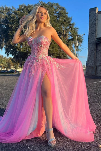 A Line Sweetheart Colorful Tulle Slit Prom Dresses with Appliques