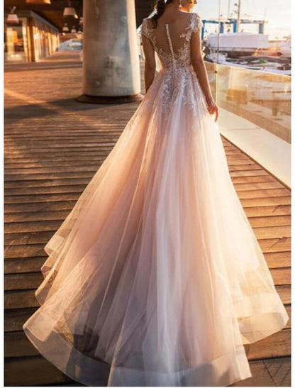 Beach Wedding Dresses A-Line Illusion Neck Cap Sleeve Floor Length Lace Bridal Gowns With Pleats Ivory