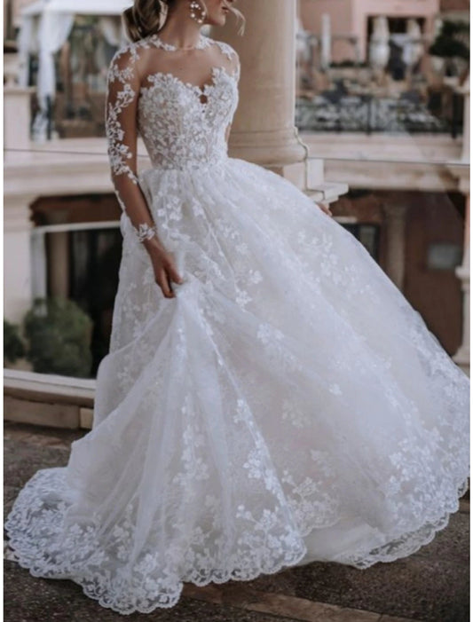 Beach Formal Wedding Dresses A-Line Illusion Neck Long Sleeve Sweep / Brush Train Lace Bridal Gowns With Pleats