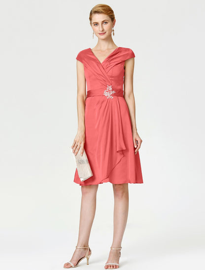 Aimishang A-Line Mother of the Bride Dress Elegant V Neck Knee Length Satin Chiffon Short Sleeve No with Sash / Ribbon Pleats Beading